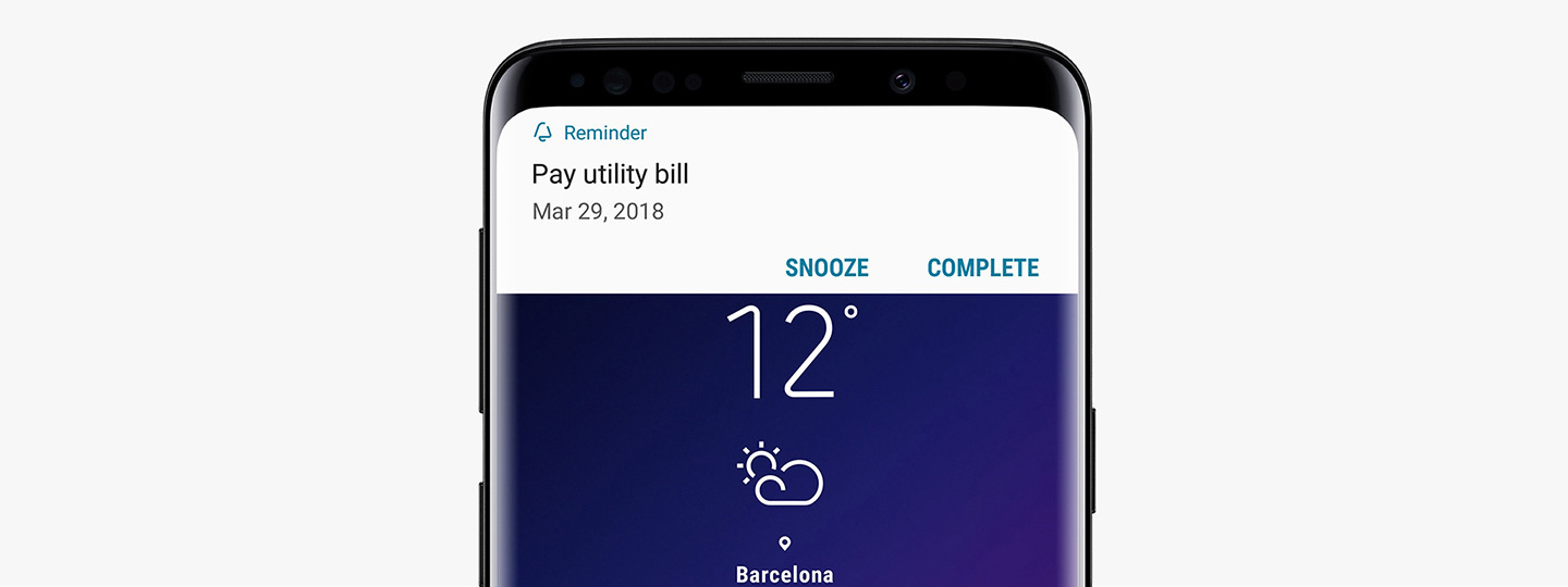 An image of Galaxy S9 Midnight Black receiving a 'Pay Utility bill' notification from Bixby Reminder