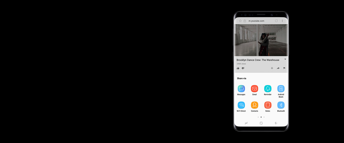 An image of Galaxy S9 Midnight Black screen sharing video via Bixby Reminder