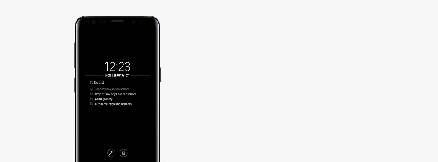 An image of Galaxy S9 Midnight Black showing reminders on the mobile phone's off screen