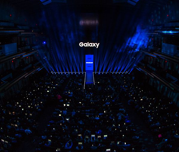 Bird's eye view of audience waiting for Galaxy UNPACKED event to begin