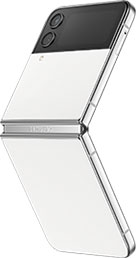 Galaxy Z Flip4 in Flex mode seen from an angle that shows its custom Bespoke Edition white front and rear panels and silver frame.