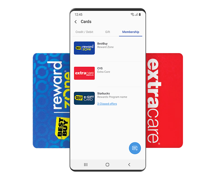 A GUI screen showing list of Membership cards registered on Samsung Pay app. BestBuy, CVS and Starbucks cards are shown as examples.