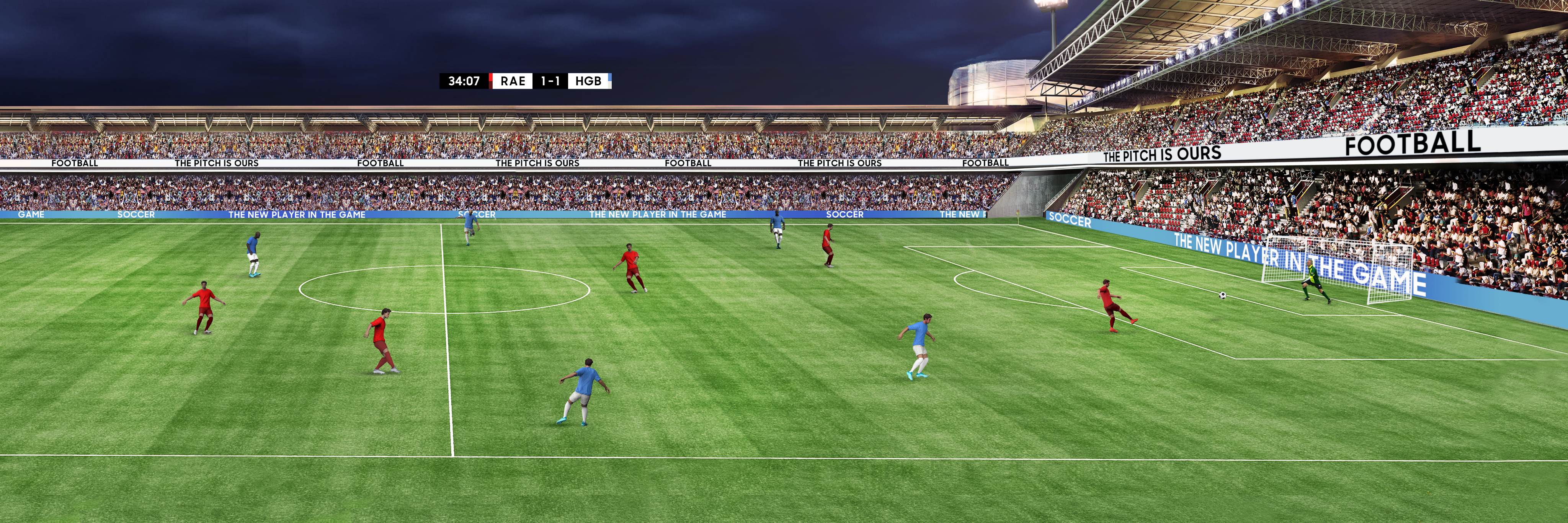 O ecrã de um jogo mostra um campo de futebol onde futebolistas estão a jogar. Existe um movimento do ecrã a cortar a largura ou a altura de acordo com UHD ou ultra-WQHD.
