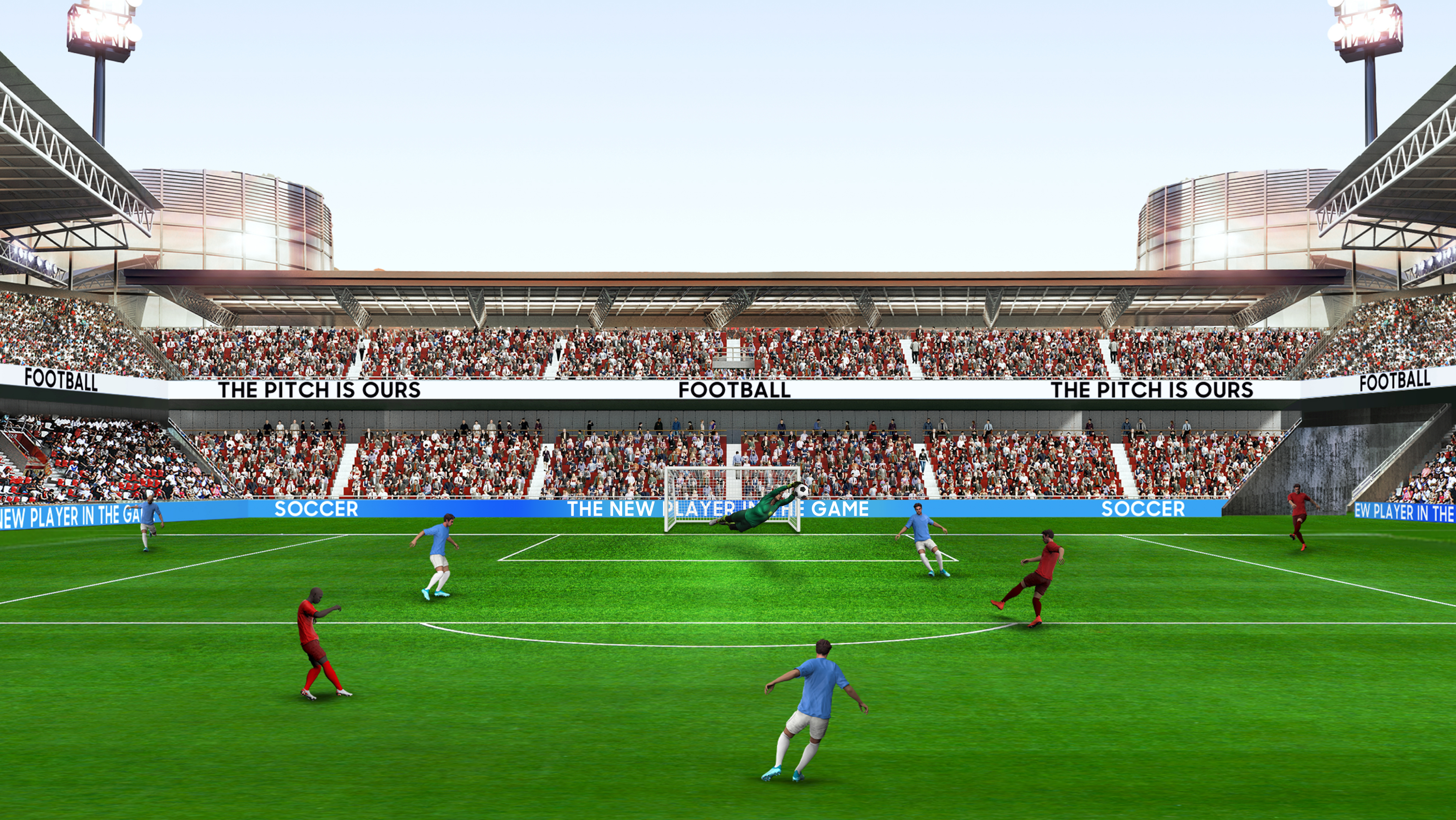 O ecrã de um jogo mostra um campo de futebol onde futebolistas estão a jogar. Existe um movimento do ecrã a dividir-se em 3 secções: FHD, QHD, UHD.