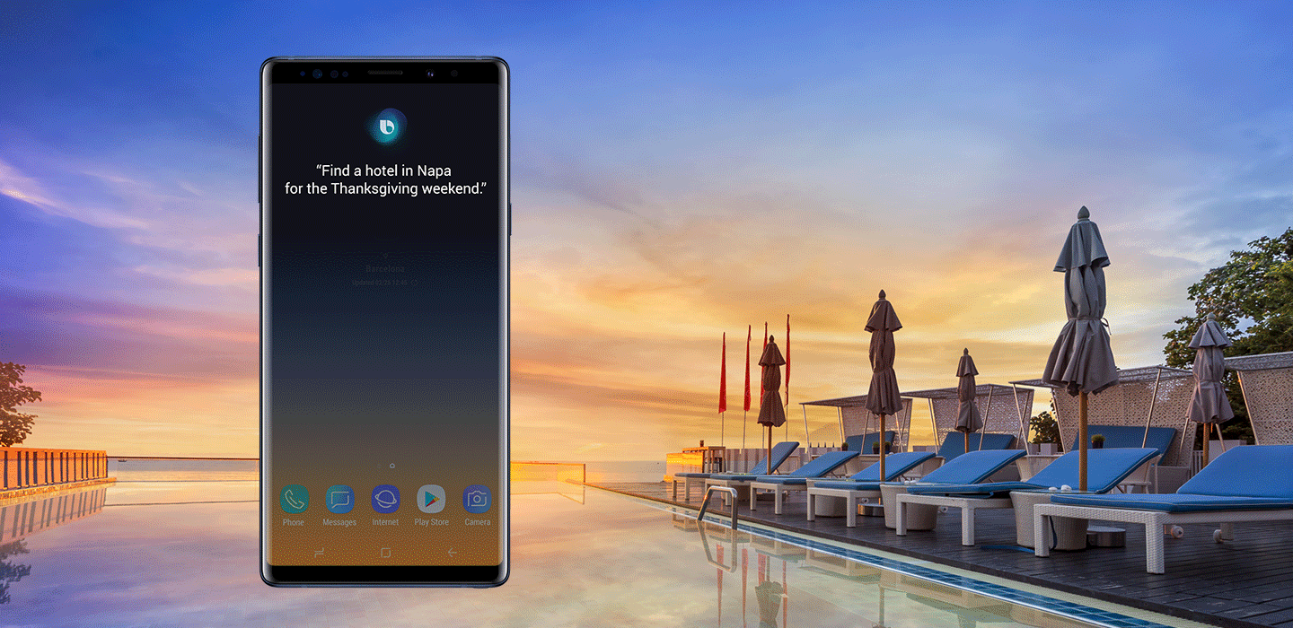 An animated image of booking a hotel by Bixby on a Galaxy Note9 Ocean Blue, in the background of a hotel swimming pool with a sunset