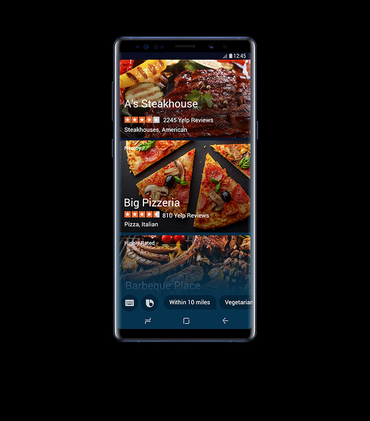 A front view of a Galaxy Note9 Ocean Blue showing images of steak, pizza, barbeque, and information about the restaurant