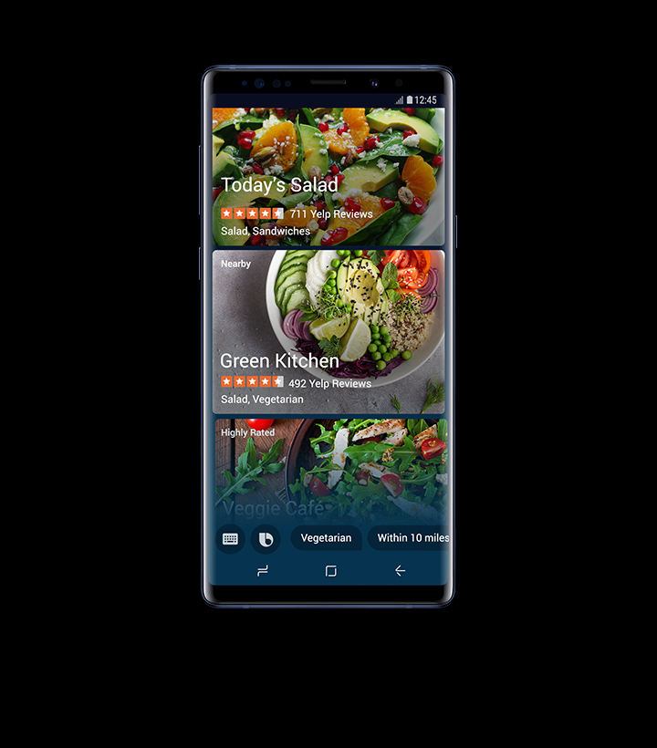 A front view of a Galaxy Note9 Ocean Blue showing images of various salads and information about the restaurant