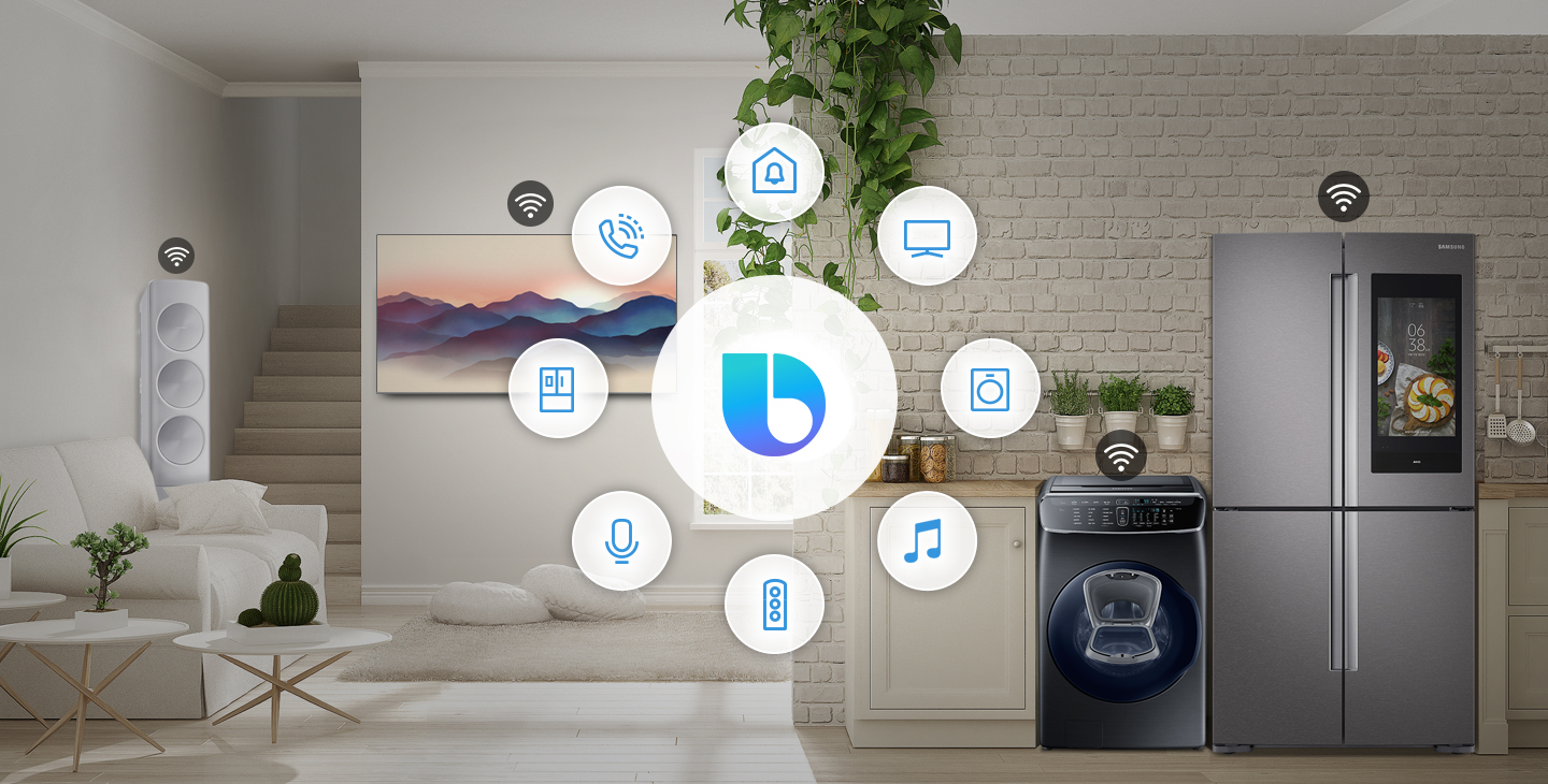 An image listing icons of household appliances (a doorbell, TV, washing machine, music player, air conditioner, voice assistance, refrigerator, and phone) that are integrated into the SmartThings app in the house