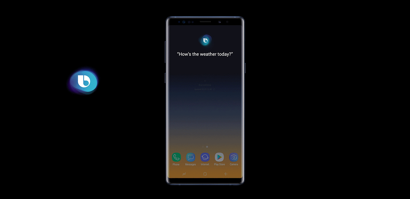 An animated image of checking weather via Bixby on a Galaxy Note9 Ocean Blue. At first animation, asking to Bixby, 