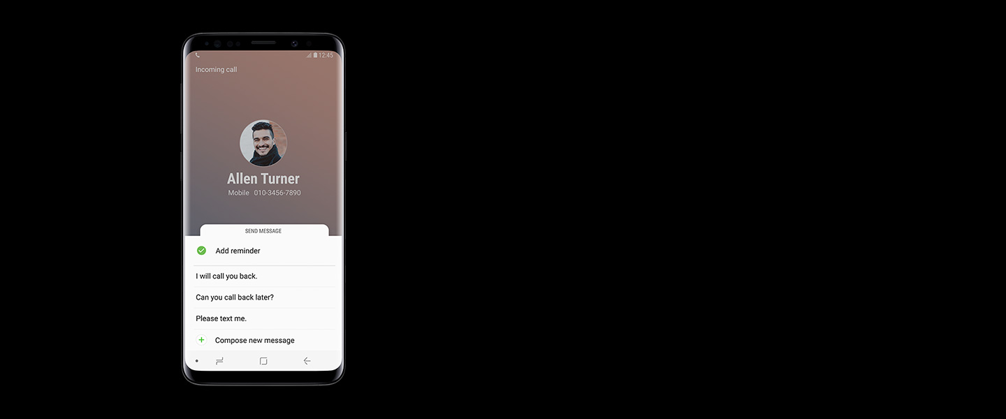 A front view of Galaxy S9 Midnight Black that saves incoming call with Bixby Reminder