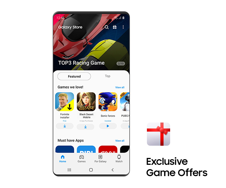 The Games GUI screen of the Galaxy Store is shown. The top 3 racing games are shown at the top of the screen, and Fortnite, Black Desert, and Sonic Forces are the featured games in the middle.