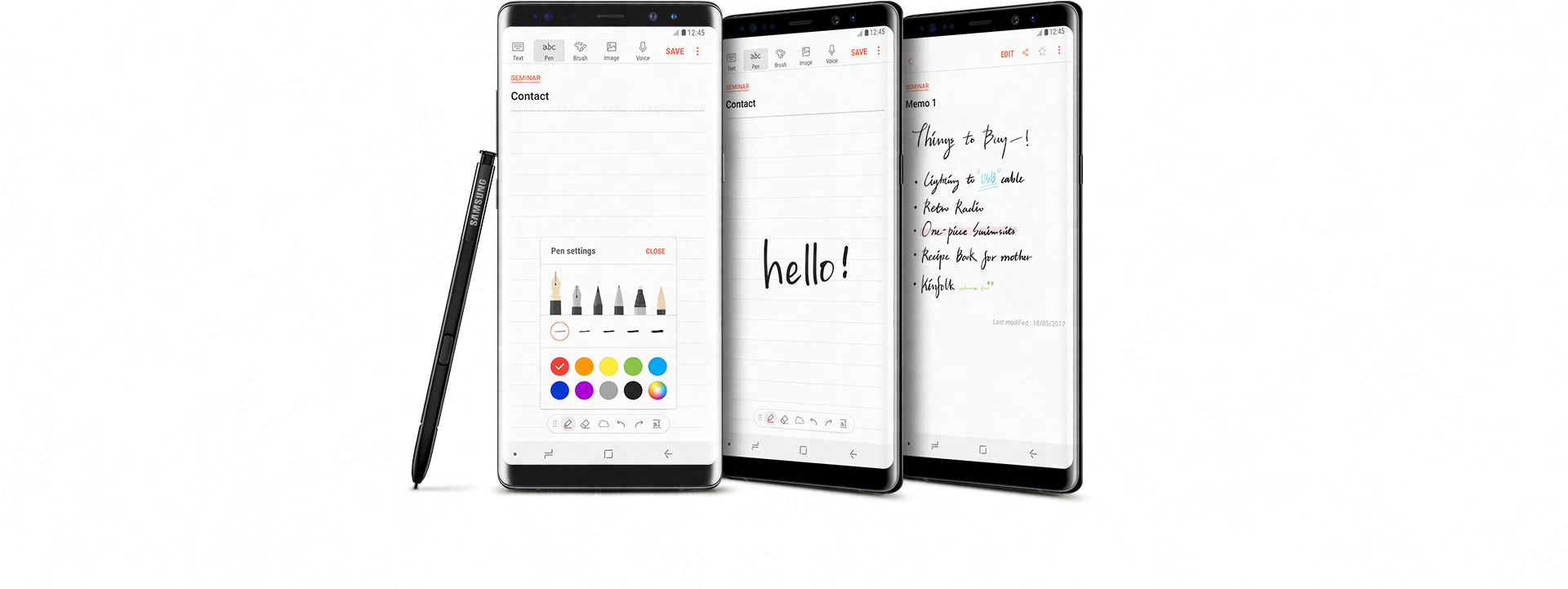 Three different examples of how to use Samsung Notes with the Galaxy Note8 Black's S Pen