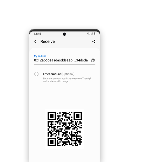 A simulation of the Samsung Blockchain Wallet app graphical user interface which shows the manual address entry and QR code "receive" options step of the cryptocurrency transfer process.