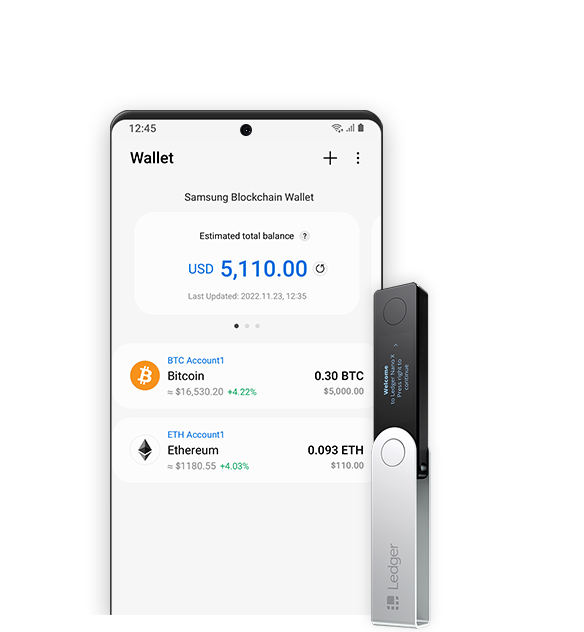 A simulation of the Samsung Blockchain Wallet app graphical user interface which shows an account balance overview of Bitcoin and Ethereum.