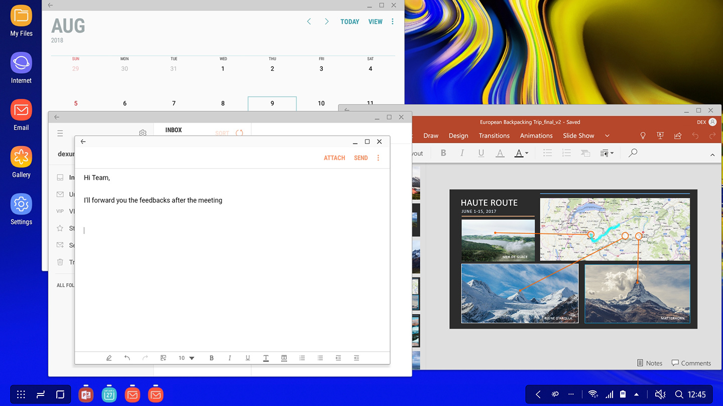 An image of a monitor screen that shows three programs (PowerPoint, Calendar, and Message app) running at once