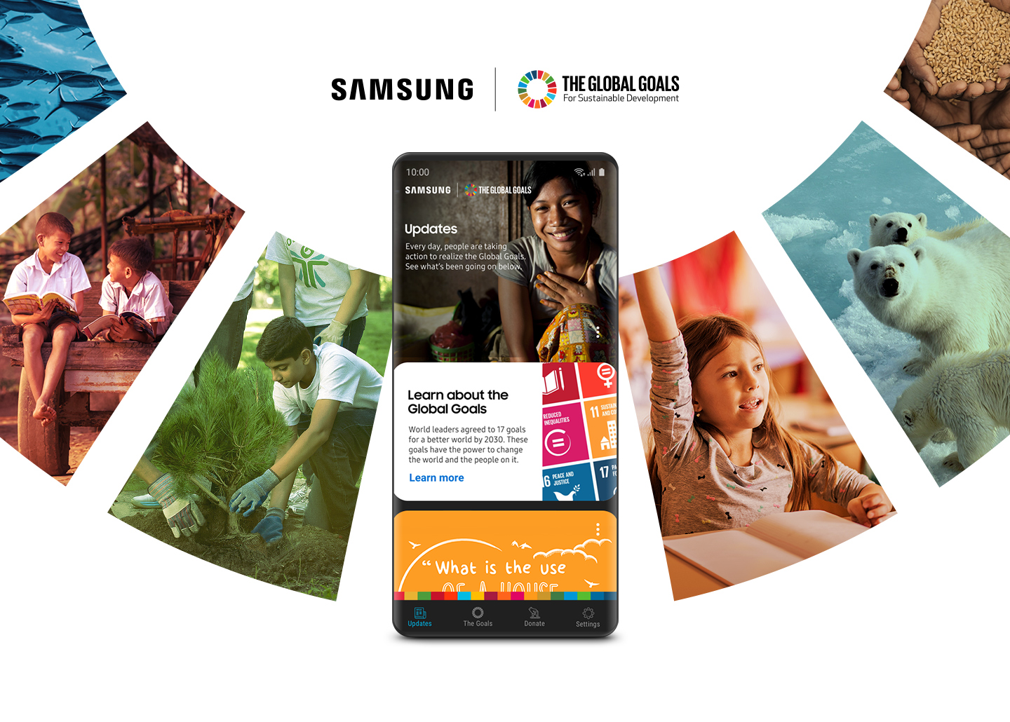 A Galaxy smartphone with a simulated Samsung Global Goals app interface is in front of a ring of collaged images representing the United Nations Sustainable Development Goals. Samsung has partnered with the UN to empower users to make a brighter future for all.