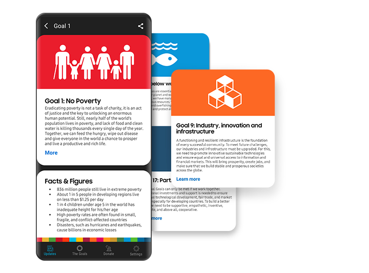 In the Samsung Global Goals app, a sample goal card describes a goal’s background and objective, and the following “Facts & Figures” card provides relevant statistics about the current status of each challenge.