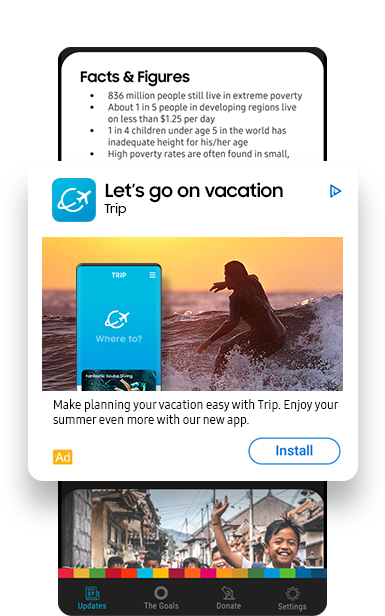 Samsung Global Goals interface magnifying a simulated sample in-app advertisement.
