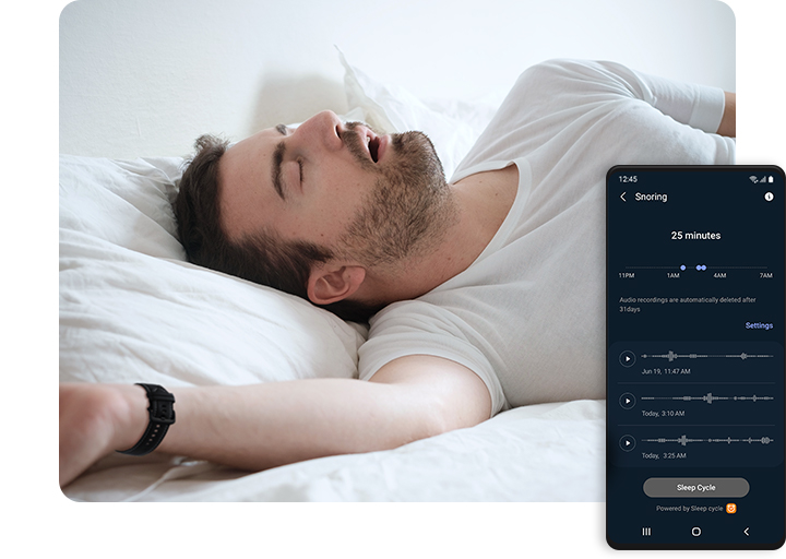 Galaxy smartphone is shown displaying snoring results. Behind the smartphone, a man wearing a smartwatch is shown sleeping with his mouth open in bed. 
