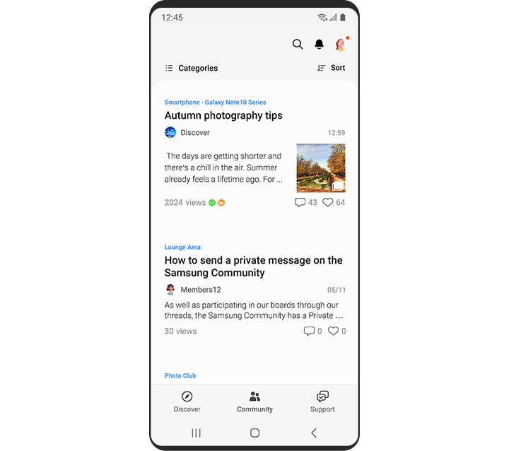 Galaxy smartphone showing the Community page on the Samsung Members app.
