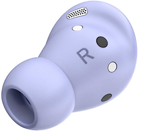 Right earbud of Galaxy Buds Pro in Phantom Violet with large ear-tip on.