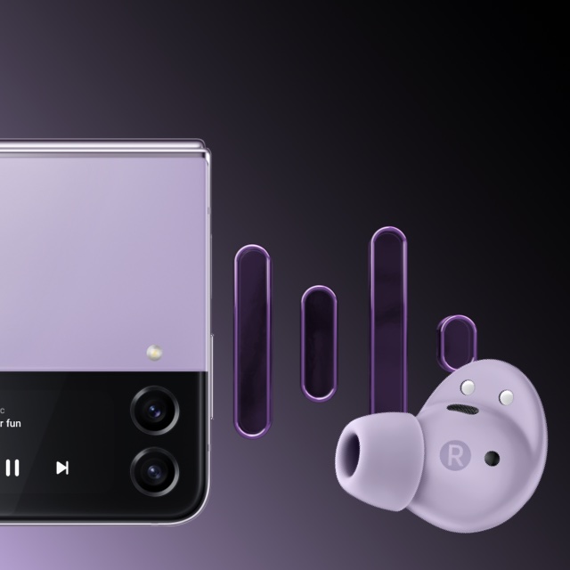 A purple Galaxy Z Flip 4 device on the left and a Galaxy Buds2 Pro earbud in the same color on the right.