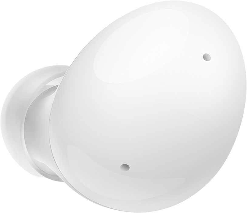 The outer exterior of a single white Galaxy Buds2 earbud is prominently shown.