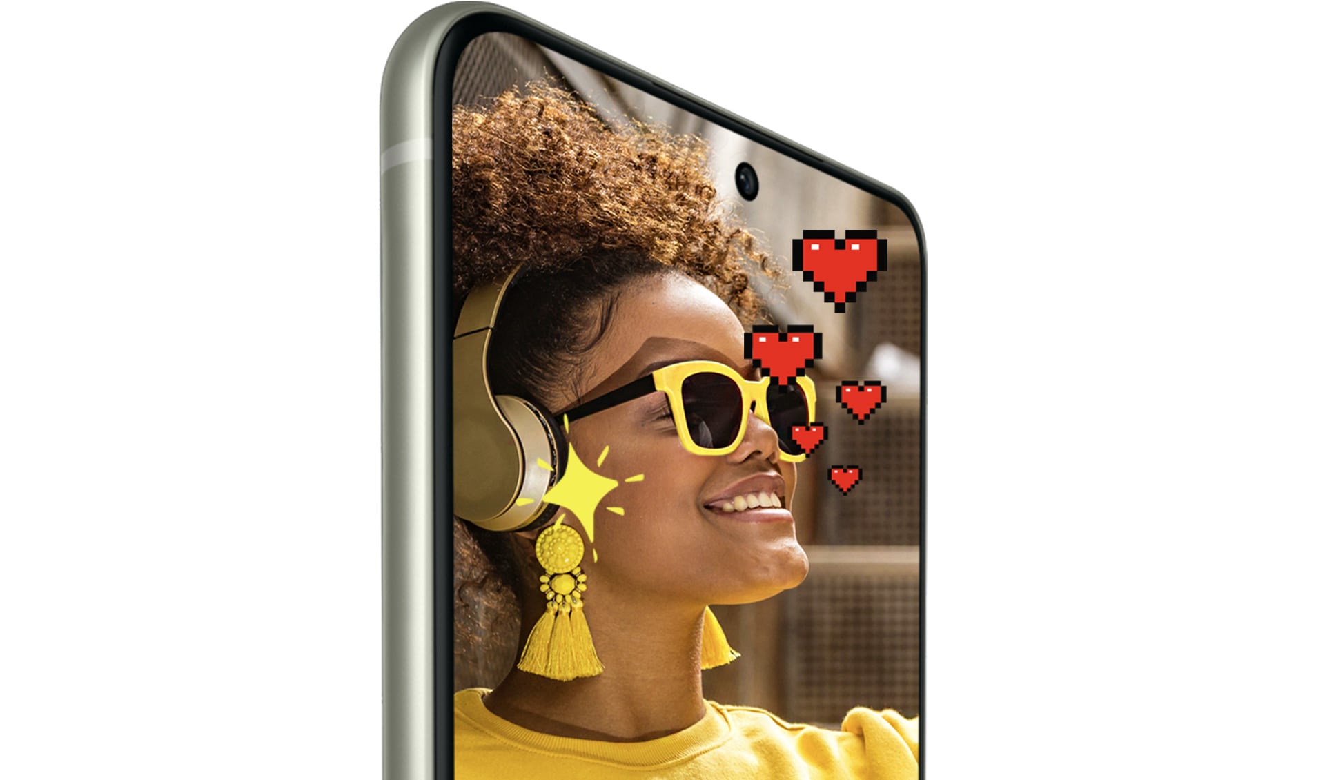 Galaxy S21 FE 5G seen from the front at an angle with hearts and a woman in sunglasses onscreen.