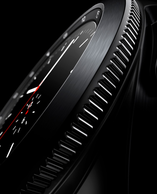 A close-up on the rotating bezel and detailed watch face of a black Galaxy Watch4 Classic.