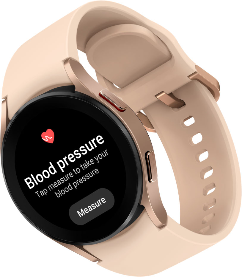 A Galaxy Watch4 device in pink gold color attached with a pink band is shown. On the watch face, the menu for Blood Pressure and ECG measurement features are displayed.
