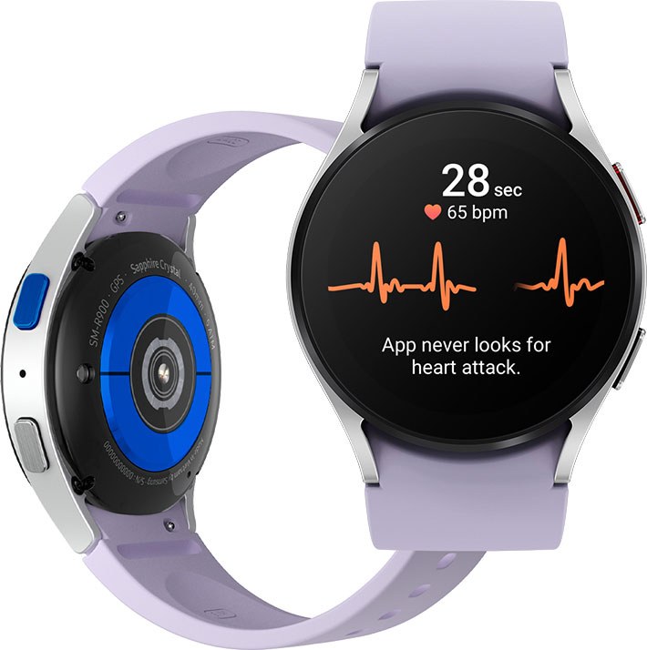 The underneath of a Galaxy Watch5 device is shown. On the right is a frontal view of the Watch5 device with the ECG user interface. On the side and rear of the device body, the Home Key and Electrical Heart Sensor take ECG measurements.