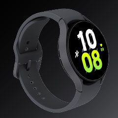 A three-quarter shot of a Graphite Galaxy Watch5 device with a band that's closed.
