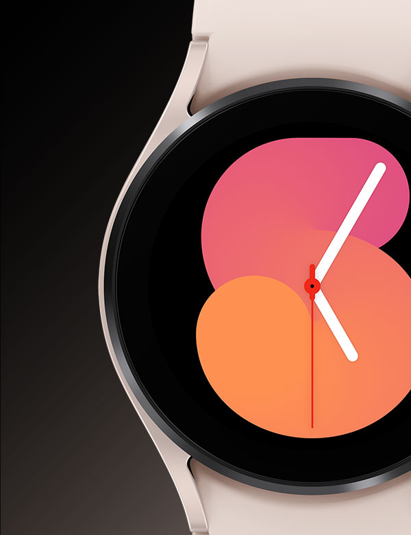 Pink Gold Galaxy Watch5 device showing its front watch face that has a number five displayed.