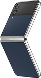Galaxy Z Flip4 in Flex mode seen from an angle that shows its custom Bespoke Edition navy front and rear panels and silver frame.