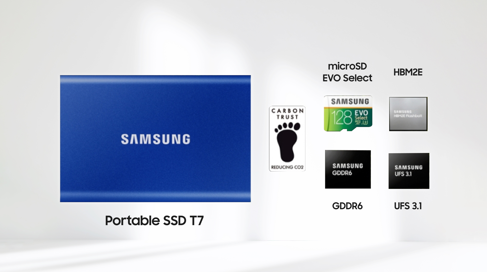 종이 소재 트레이 적용 제품 : samsung - portable SSD T7 / Carbon Trust Reducing CO2 인증 제품 : microSD EVO Select, HBM2E, GDDR6, UFS 3.1