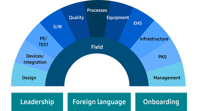 This diagram shows the job training structure of DS University, with 'Field' at the center surrounded by 11 training fields including Design, Devices/Integration, PE/TEST, S/W, Quality, Processes, Equipment, EHS, Infrastructure, PKG, and Management, and three separate categories at the bottom: Leadership, Foreign language, and Onboarding.