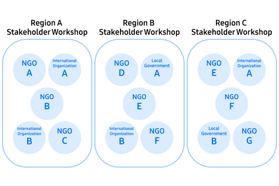 Regional stakeholder workshop composition diagram, organized into three groups.