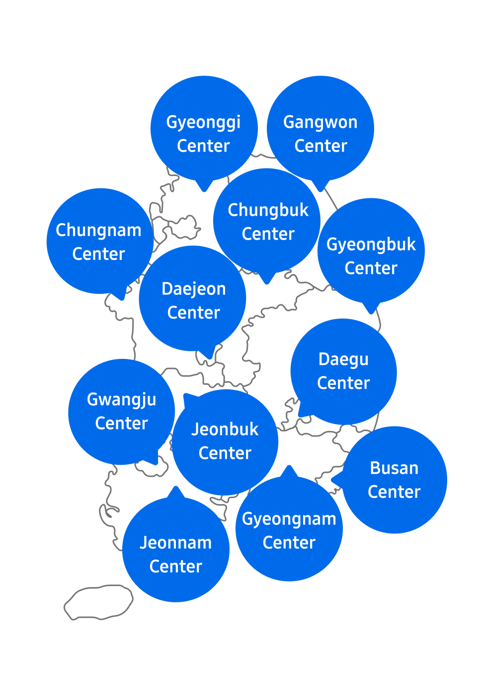 Map image representing Gangwon Center, Gyeonggi Center, Chungbuk Center, Chungnam Center, Daejeon Center, Gyeongbuk Center, Jeonbuk Center, Daegu Center, Gwangju Center, Jeonnam Center, Gyeongnam Center, Busan Center
