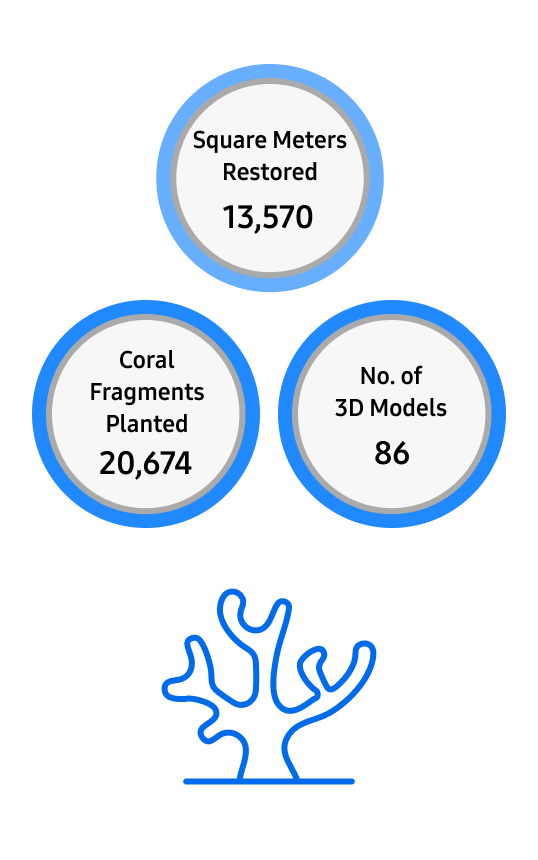 Square meters restored 13,570 / Coral fragments planted 20,674 / No. of 3D Models 86