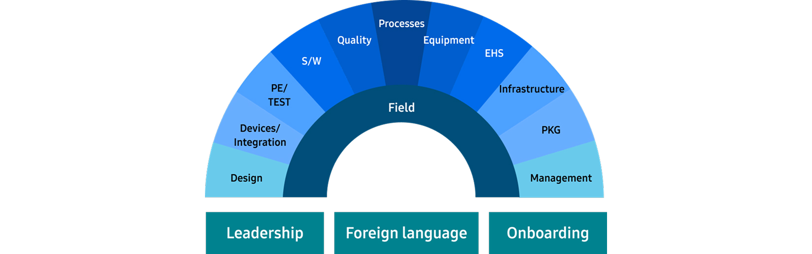 This diagram shows the job training structure of DS University, with 'Field' at the center surrounded by 11 training fields including Design, Devices/Integration, PE/TEST, S/W, Quality, Processes, Equipment, EHS, Infrastructure, PKG, and Management, and three separate categories at the bottom: Leadership, Foreign language, and Onboarding.