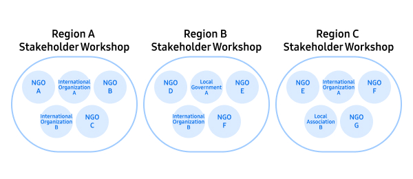 Regional stakeholder workshop composition diagram, organized into three groups.