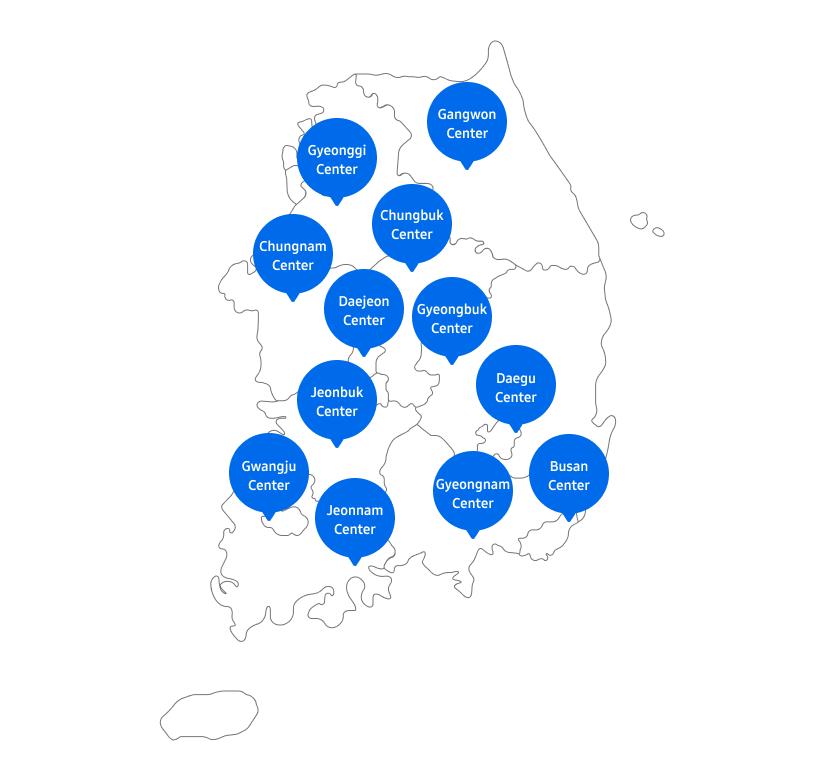 Map image representing Gangwon Center, Gyeonggi Center, Chungbuk Center, Chungnam Center, Daejeon Center, Gyeongbuk Center, Jeonbuk Center, Daegu Center, Gwangju Center, Jeonnam Center, Gyeongnam Center, Busan Center