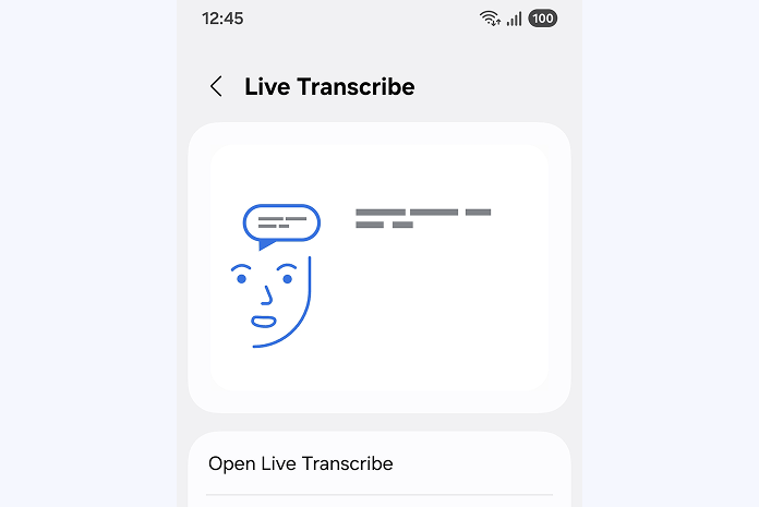 A screen showing the Live Transcribe feature, with an icon illustrating a speech bubble and voice being converted to text.