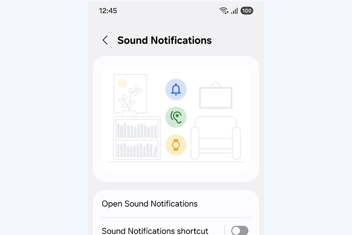 The Sound Notifications settings screen showing a feature that detects specific sounds, such as smoke alarms, fire alarms, or a baby crying, and notifies the user.