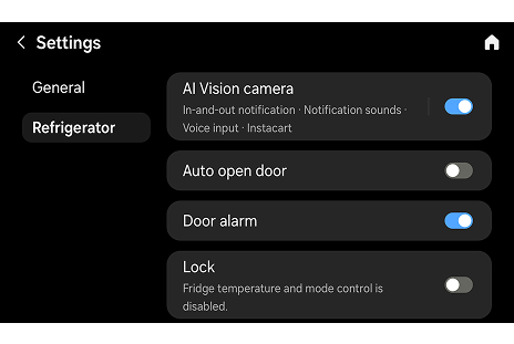 A refrigerator settings screen showing toggle options for AI Vision camera, Auto open door, Door alarm, and Lock. 'AI vision camera,' which includes features like In-and-out notification, Notification sounds, Voice input, and Instacart, is turned on. 'Door alarm' is also turned on. 'Lock,' which allows users to control fridge temperature and mode, is disabled.