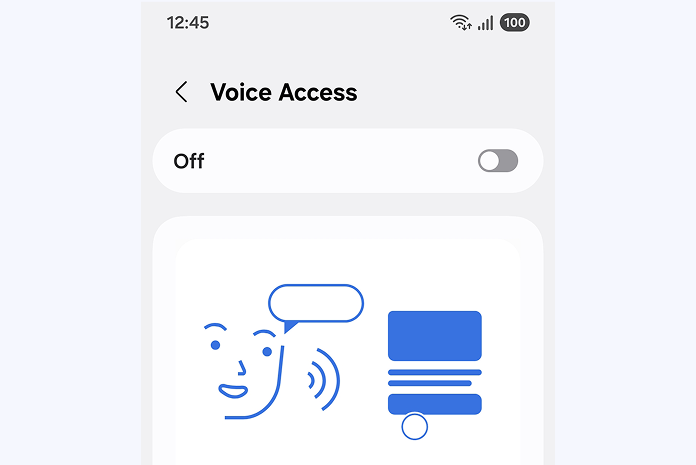 The Voice Access settings screen that enables voice control for operating the device.