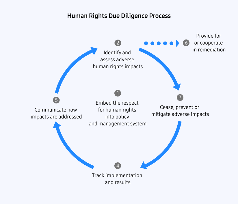 1. Embed the respect for human rights into policy and management system 2. Identify and assess adverse human rights impacts 3. Cease, prevent or mitigate adverse impacts 4. Track implementation and results 5. Communicate how impacts are addressed 6. Provide for or cooperate in remediation