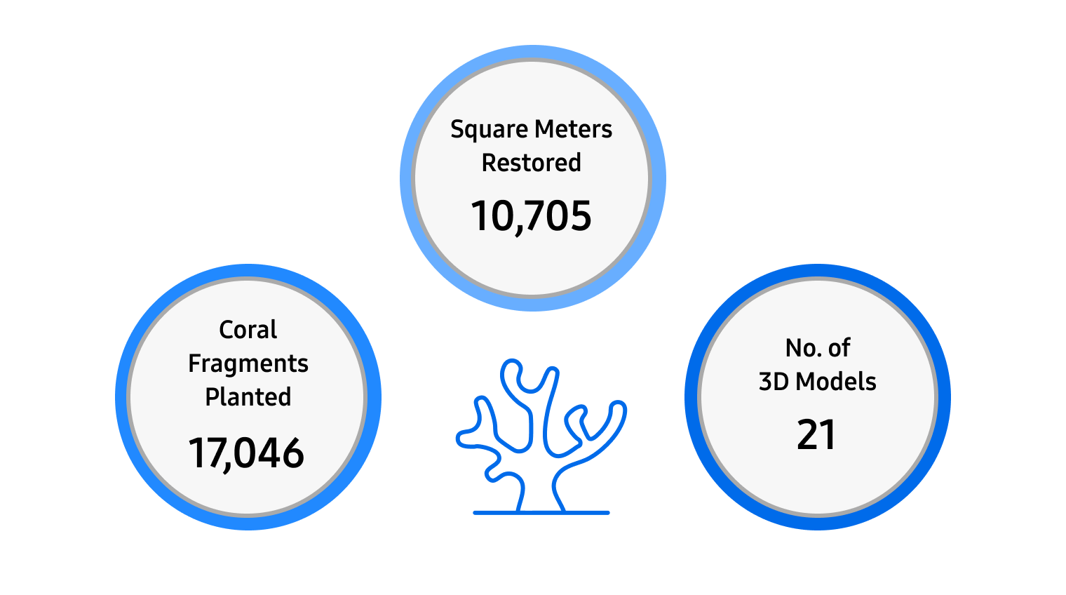 Square meters restored 10,705 / Coral fragments planted 11,046 / No. of 3D Models 21