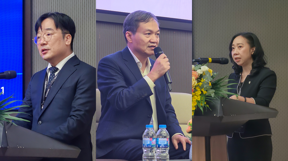 삼성베트남 베트남구매센터 차지호 센터장, 안랍 당 꽝 커이 CEO, 비나테크놀로지 응우옌 응옥 지엡 부사장이 스마트공장 세션에서 발표하는 모습