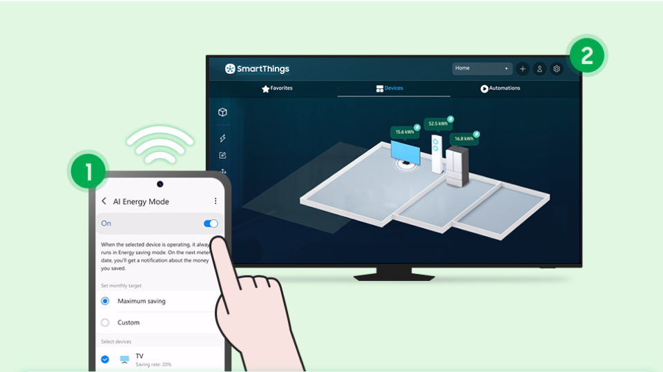 AI 절약 모드 사용 방법- 스마트싱스 AI 절약 모드로 집안의 가전들을 제어하는 모습